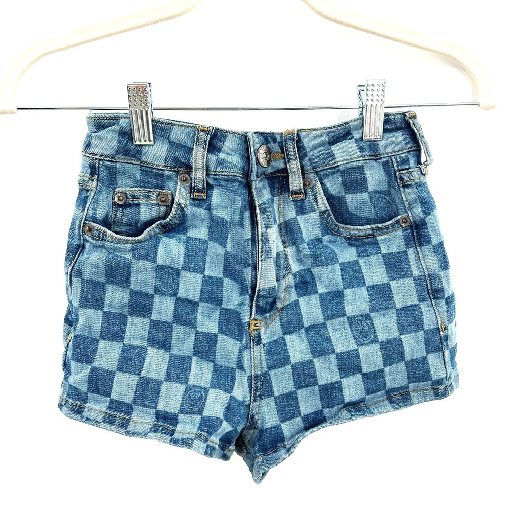 BDG urban outfitters high rise shorts blue checkered smiley face kidcore rave 24